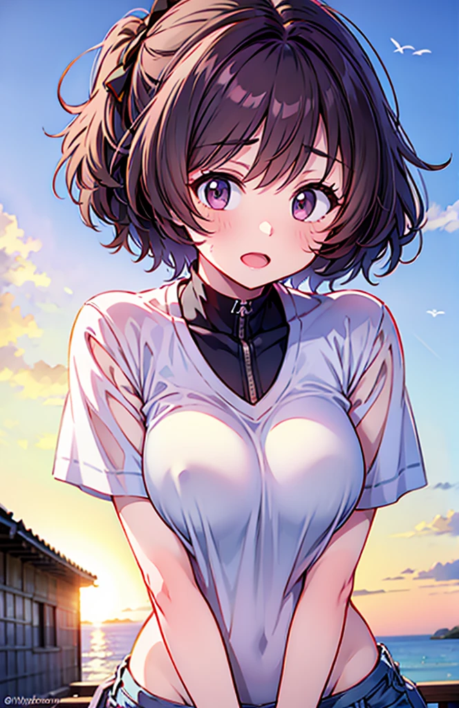 ((super high quality,))((Ultra-high resolution,))(16K,)(super masterpiece,)((Ultra HD ,))(Detailed shading,)Looking up from directly below,One sexy woman,Brown short hair bouncing out,popped Tight collar Yellow shirts,Unbutton your shirt down to your chest,Long sleeve,Cleavage,Black tight skirt,Crescent-shaped earrings,Crescent Necklace,Ecstatic smile,blush,Lean forward diagonally,Night sky with moon and stars,