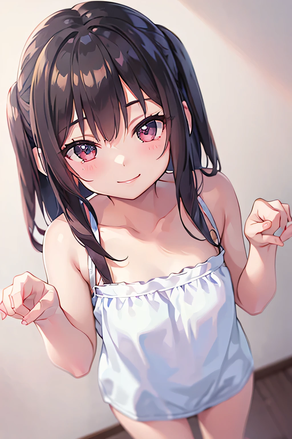 (8K、Highest quality、highest quality、masterpiece)、Detailed face、One girl、 Black Hair、short hair、twintails、blunt bangs、Grey Eyes、evil smile、((Grin))、Small breasts、((White camisole))、((mini skirt))、Cowboy Shot、((bent over))、Back Alley Background、Very large breasts、Nipples are visible、No panties、Lift up the skirt
