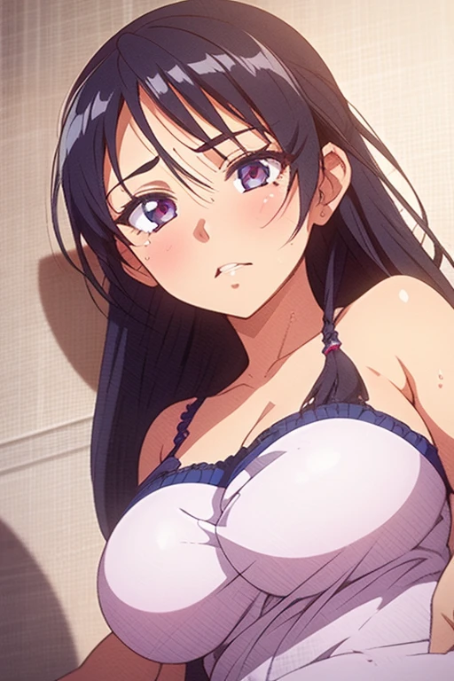 (masutepiece, Best Quality, High resolution, anime colours, megami magazine:1.2, anime poster style, anime keyvisual, sharp, 8k, photorealistic), (beautiful eyes:1.5, beautiful face), Kotegawa Yui, 1girl, solo, Cute, (Long Black Hair), (sagging large breasts:1.5), (loose camisole, no bra), (cleavage:1.5), (bent over, leaning forward, cowboy shot), (Perfect detailed Anatomy, beautiful detailed hair, perfect detailed body:1.2, shiny skin), (thick outline, Beautiful outlines, black outlines), simple background,