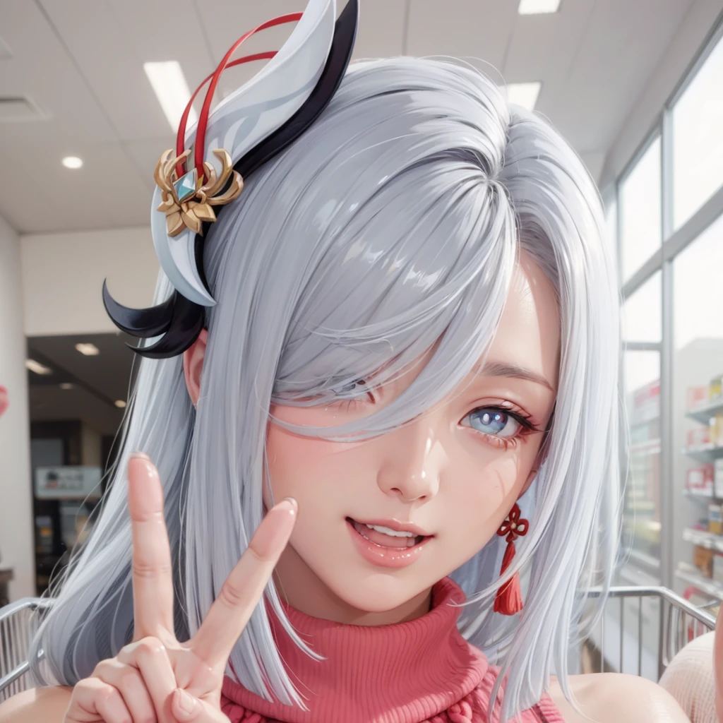 (close up:1.4), (RAW Shooting:1.2), (Reality:1.4), (masterpiece:1.3), (Highest quality:1.4), (bikini：1.3), White knee socks, swimsuit, flat chest, White hair, Black Hair, Colorful Hair, short hair, Straight Hair, White hair long braid, Glowing red eyes, Red X pupil, (focus, full-body shot, Smile