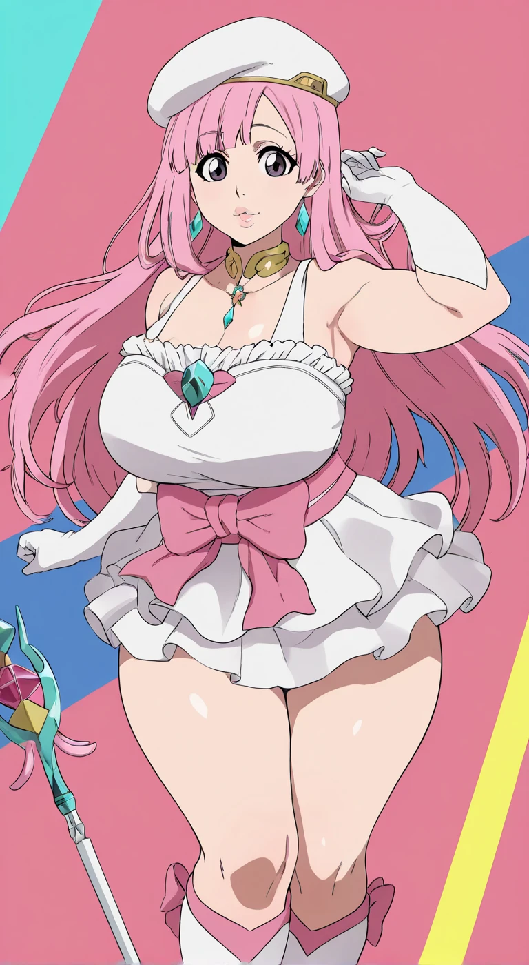 score_9, score_8_up, source_anime Bibl3, busty shortstack, party dress, skimpy outfit, bimbo, eppknursejoy, pink hair, long hair, hair rings, bumper bangs, innocent eyes, huge breasts, bouncing breasts, breast expansion, full lips, vivid lips, bimbo lips, wide hips, thicc thighs, viewed from front, innocent expression, raised eyebrows, looking at viewer, raised eyebrows, detailed eyes, detailed face, cute girl,