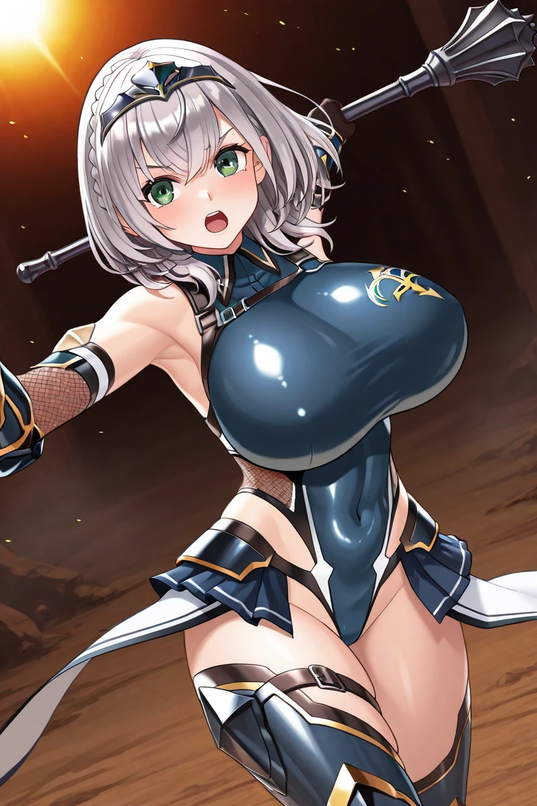 a close-up of a woman holding a sword on a blue background, cyber japan style armor character, cyber japan armor, with huge breasts, very sexy