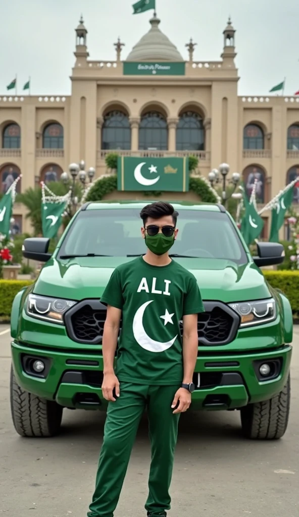 Create an image a man has in his hand Pakistan flag and stand the car this car colour is green men pent colour is white and his shoes is green and his T shirt colour is green"Tahir" name write in his T shirt