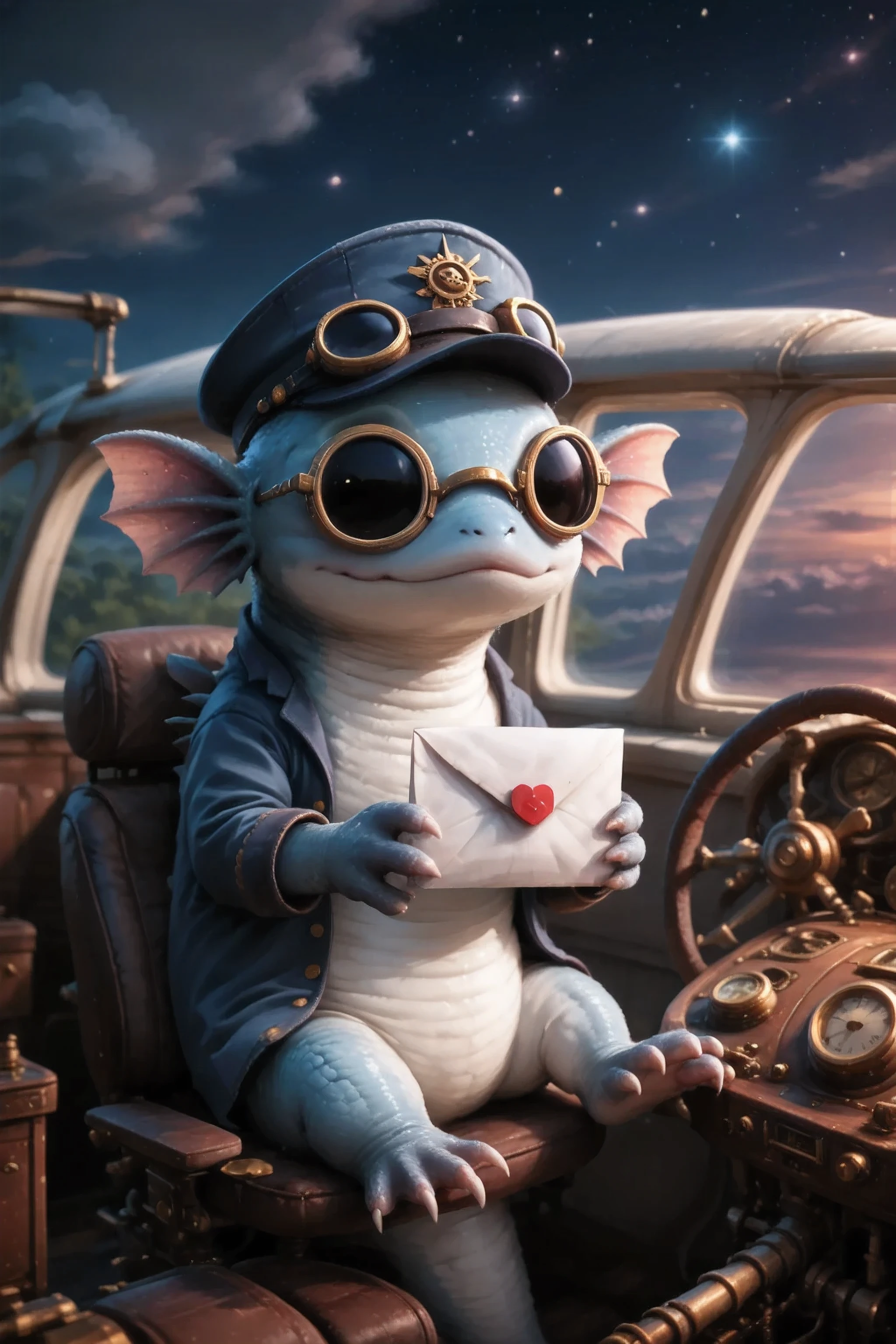 Sits close-up in the cockpit of a steampunk plane with a letter in his paw. But the background is the night sky and clouds . The postman's blue hat flew off, picked up by the wind . The creature has a blue postman cap on its head and Steampunk Aviator Glasses. Cute creature on 4 legs Character_Fuli, cold night light.
masterpiece, best quality, ultra-detailed, A cinematic emotional static frame, 8K UHD, extreme detail, physical-based rendering, HDR.
Unrealistic image, fantasy genre, dramatic lighting. Highly detailed digital art style, (SFW:1.3).