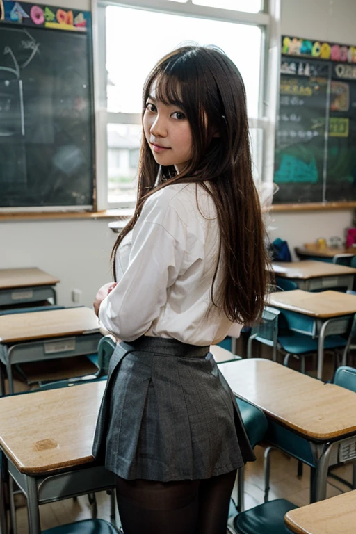 8 years old little girl, shaggy hair wearing sailor school uniform and skirt on classroom. Full body
Beautiful detailed eyes, face and finger.