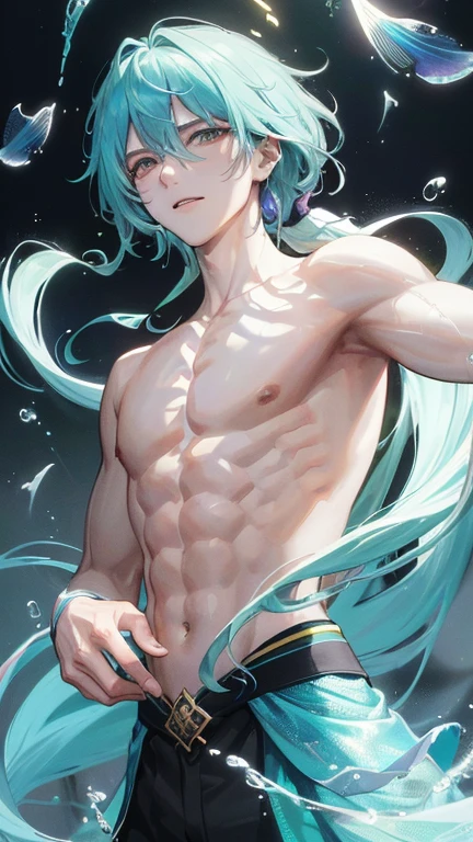 (hyper-realistic digital illustration), hires, best quality, underwater world, wide angle, swimming, athletic body, male, iridescent skin, flat chest, silver eyes, green hair styled in spikes, determined expression, bioluminescent lighting, wearing fashionable black small thong, full mast, ????? bulge, ????? bulge, visible through underwear , small waist, broad chest, big mane, slim scruffy, muscular
