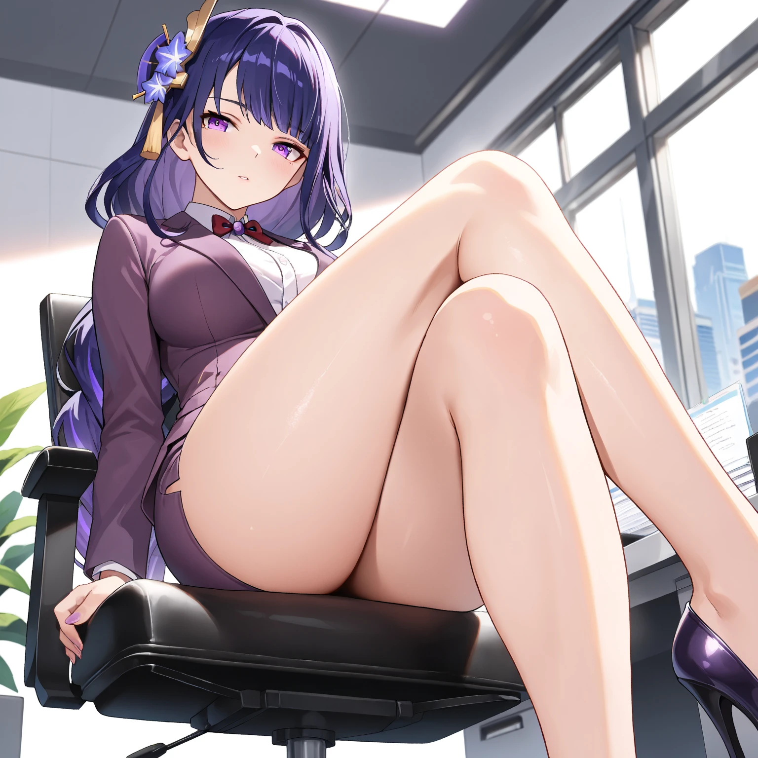 moona hoshinova, (long_hair, purple hair:1.6), multicolored hair, sweating, glowing eyes, heavy breathing, breasts, 1girl, solo, looking_at_viewer, sitting, indoors, skirt, night, long_sleeves, ass, medium_breasts, jewelry, thighs, dutch_angle, pantyhose, chair, window, leaning_forward, large_breasts, blush, "Photorealistic, Hyperrealistic, Hyperdetailed, analog style, soft lighting, subsurface scattering, realistic, heavy shadow, masterpiece, best quality, ultra realistic, 8k, golden ratio, Intricate, High Detail, film photography, soft focus", sweating, steaming body, fog, (3d, realistic:1.4)