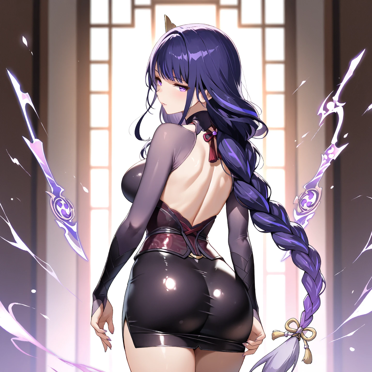 8K, 4K, Best Quality, High resolution: 1.2), (Masteristic, Realistic, Photoreal: 1.4), One Woman,  Beautiful face, she is smiling、Shining Lipin Eyes, Beholder, Fair skin, White skin: 1.5), fine complexion, Big, Big,  Purple hair color、Bangs, , with two sides up,, 年轻, s asack-view、big butts、Colossal tits、K-Cup、Lower hair、standinian hair、White T-back、T-back that digs into the buttocks、Exposed nipples、Leg muscles、Arm muscles、Rear view、back-view、Turning around、knee high tights、Long tights、Long stockings、Ultramammy、insanely big boobs、psylocke、X-Men