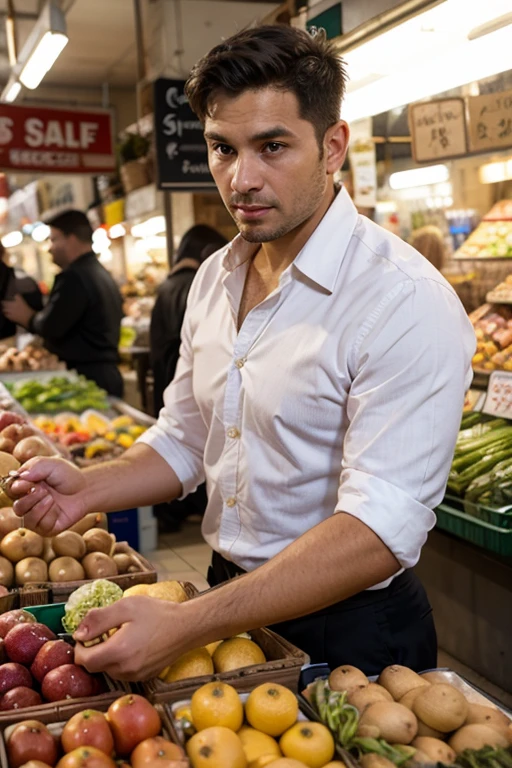 A sexy  man with black hair, ,handsome face, detailed features, masterpiece posing, , homoerotic,   , beautiful background, masterpiece , ,bookeh, beautiful evening , in a market ,angry expression, upset 