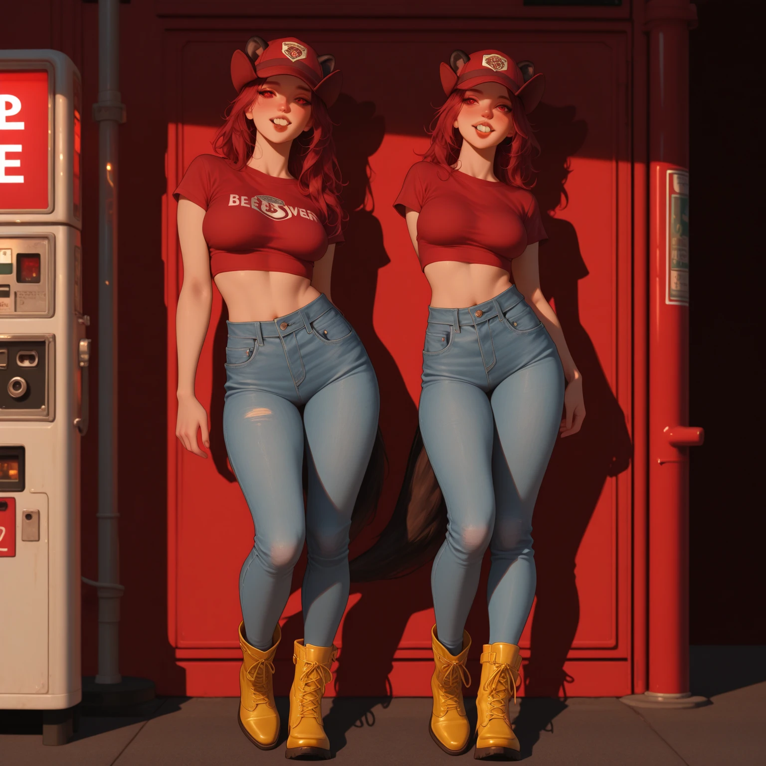 masterpiece:1.5, best quality:1.5, aesthetic, 1girl, sidelocks, cinematic lighting, sharp focus,large breasts , mature female, horny ,16k, glowing eyes, detailed 4k eyes,
playground,seduction,sexy lips, parted lips,detailed lips,
red lips, high detailed background,brown eyes, ((big brown eyes)), detailed face,
fiona_zr2,
freckles, braid, twin braids, gloves, helmet, navel, long hair, huge breasts, armpits, red hair, underboob, pants, suspenders, cleavage, looking at viewer, fingerless gloves, smile, denim, elbow pads, hand on hip, cowboy shot, cars in background,mechanic shop, strapless, black gloves, lips, tube top, hardhat, torn pants, closed mouth, jeans, arm up
