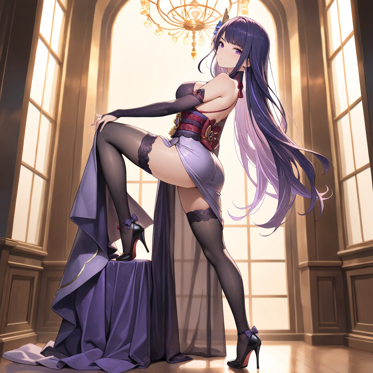 masterpiece, best quality, highres, aarurutie,1girl, wedding dress, white tight dress, dances with a partner, a large royal ballroom in the background, inside a knight's castle open mouth, long straight purple hair, purple clean eyes
