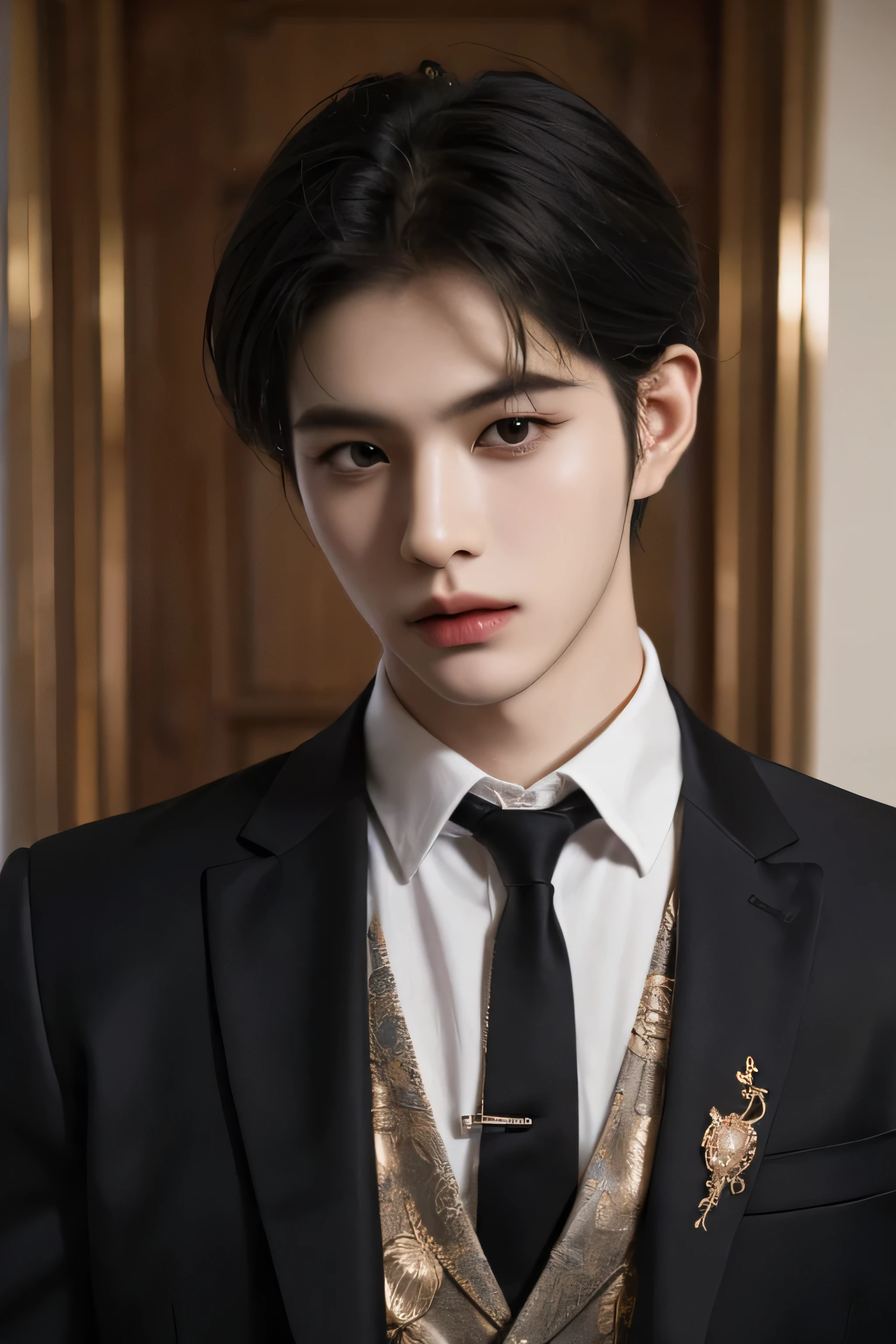 ((highest quality, 8K, masterpiece: 1.3)), Handsome boy in k pop model outfit, ((25-year-old man)), well-groomed face, black hair color, thin face, (white skin:1.5), black eyes, Super handsome, sexy eyes, Extra-fine face, handsome nose, small eyes and face, High resolution, detailed mouth, super slim, ((super popular k pop model)), His attire, a rich black color, is tailored to perfection and detailed with fine gold embroidery, adding a subtle touch of opulence without detracting from the black's stark elegance. The fabric could be velvet, silk, or a finely woven brocade, suggesting a luxurious feel. The image captures him in a moment of thoughtful contemplation or poised for action, creating a sense of narrative intrigue. he's standing in a fancy ballroom with one hand in the pocket.