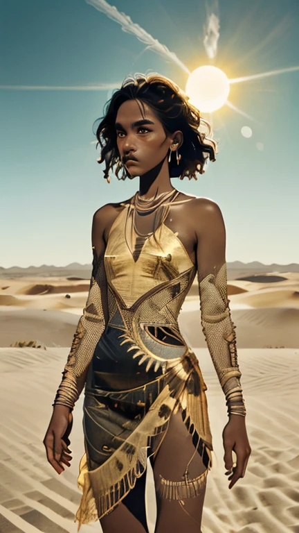 A daring Afrofuturist fashion editorial, showcasing models adorned in metallic bodysuits and Afrocentric accessories against a cosmic backdrop, fashion:1.4, editorial:1.3, cosmic:1.2. , afrofuturism<lora:Afrofuturist_Fashion:1>