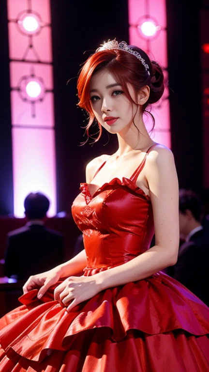 a beauty girl、Red-haired、poneyTail、kawaii faces、Red dress、full body Esbian、Party Venue、round table、Fulll body Shot、middlebreast