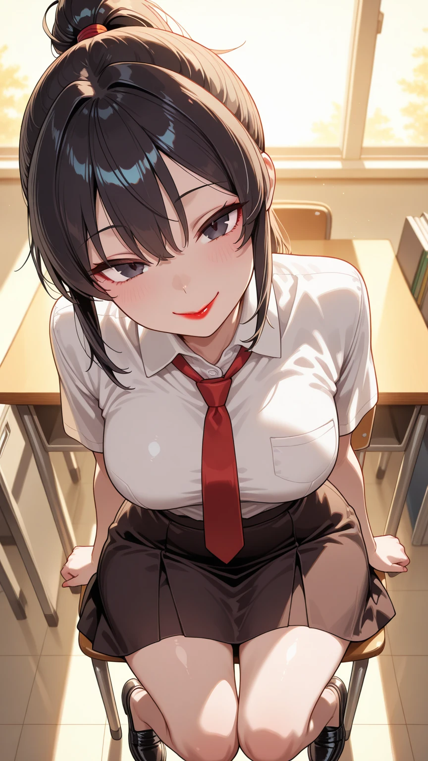(masterpiece, best quality),
????????_invitation,
1girl, sitting on chair, ???????? gesture, close-up face, looking up, from above, hand on mouth
break girl, school uniform, open blazer, black hair, long hair, yellow eyes, embarrassed, blush, open mouth, tongue, tongue out, saliva, saliva trail, saliva drip, ?????????????, heavy breathing, (closed eyes:0.8),