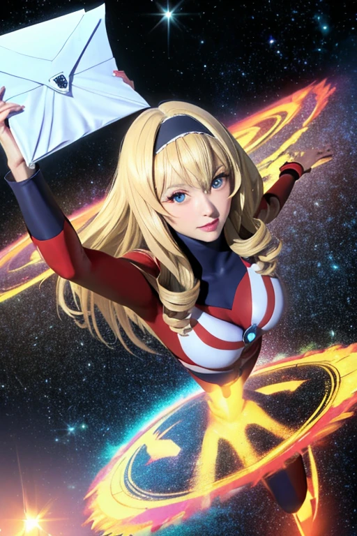 highres, 8k, absurdres, solo,1girl, long hair, black thighhighs, school uniform, cleavage, (blonde hair:1.3), realistic, intense close-up, solo, (Ultraman_Rise:1.75), (clenched hand:1.4), simple background, space, looking at viewer, upper body, flying, (double_fist), first,
((tokusatsu)),
<lora:Ultraman_Rise_v2-000005:0.7>,