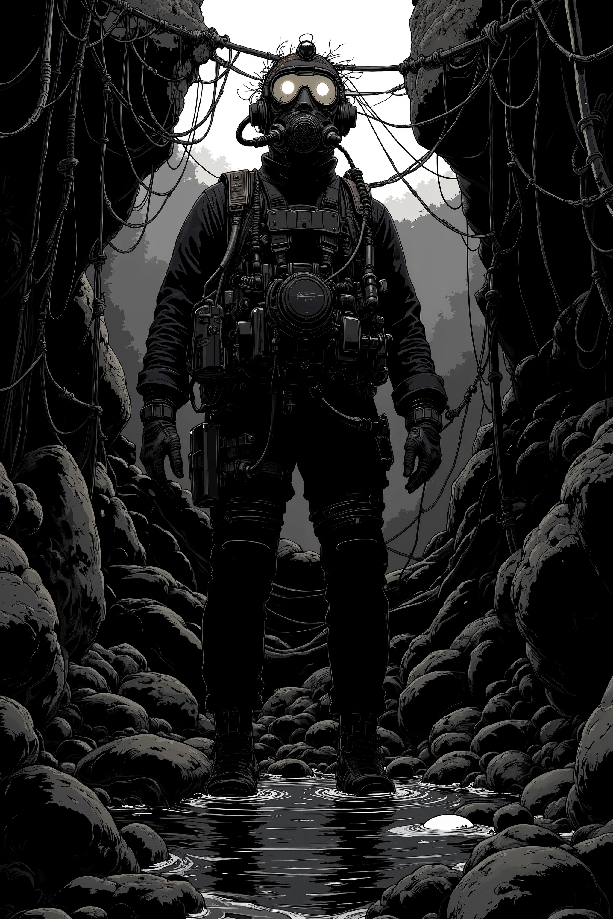 silhouette of a scuba diver in a black and white photo, Deep Sea Diver, SVG vector art, 1024x1024, scuba diving, Diver is under the sea, Diver is under the sea,Illuminate the dark with lights、 vector SVG art , SVG illustration , diving suit, SVG art , old scuba , black and white vector art