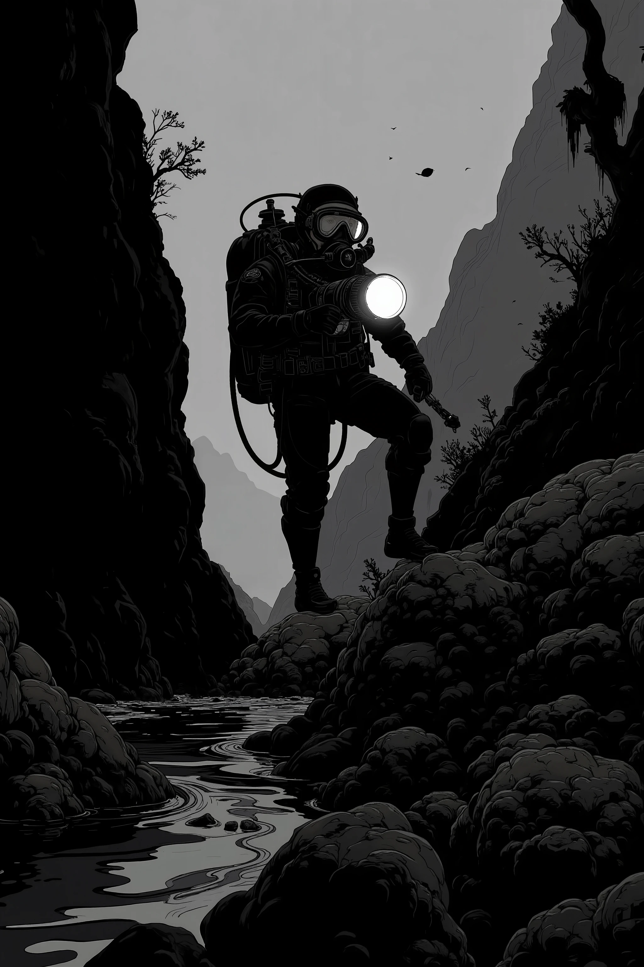 silhouette of a scuba diver in a black and white photo, Deep Sea Diver, SVG vector art, 1024x1024, scuba diving, Diver is under the sea, Diver is under the sea,Illuminate the dark with a flashlight、 vector SVG art , SVG illustration , diving suit, SVG art , old scuba , black and white vector art