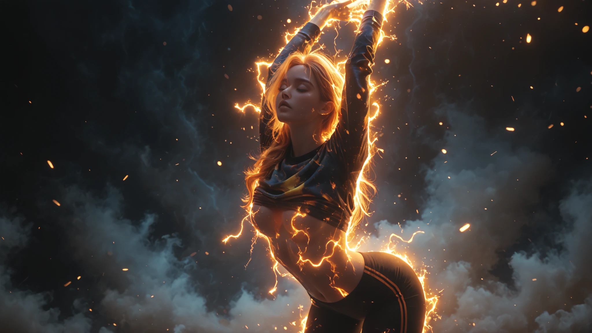 cammystretch, stretching, leaning forward, arms up,lifted_by_self,no_bra,woman,beauty,auralora,fire,sparks,colorful,electricity,glowing,