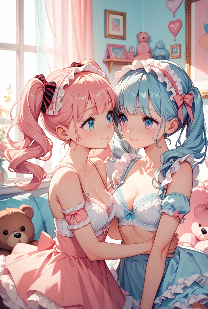 ((2 girls)), ((highest quality)), (super detailed), (very detailed CG 統合 8k 壁紙), very detailed, High-definition RAW color photo, professional photography, ((beautiful big breasts)), ((bare chest)), (pink hair ornament), peanut butter brown hair, wonderful face and eyes, pink eyes, (amazingly beautiful girl), School, (see-through sheer micro bra:1.6), , (Pink sexy lingerie with detailed frills:1.3)、(Light blue sexy lingerie with detailed frills:1.3)、Exquisitely designed luxurious brightly colored ribboned horizontal tie panties、garter belt、camel toe, erect nipples、kneeling down and kissing