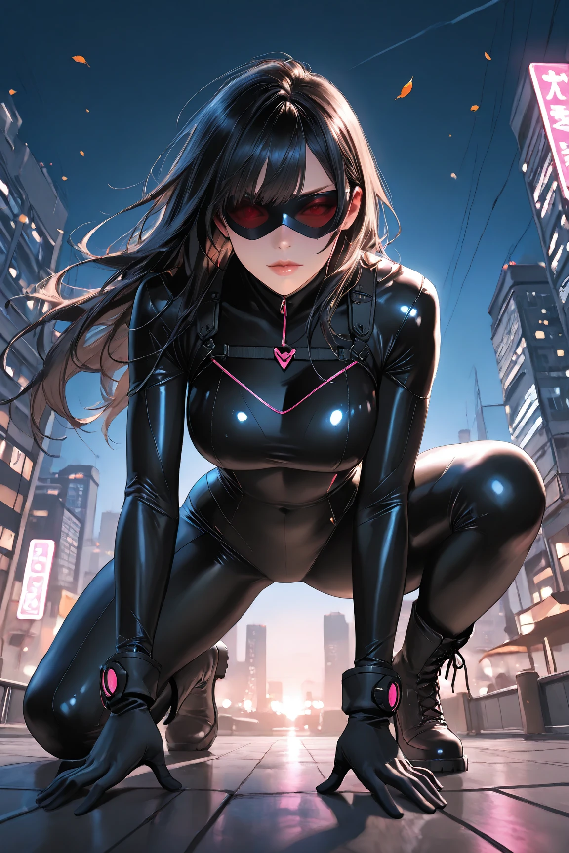 anime girl in a red and black suit twirling around in place on a city street, (fast spin, dynamic spin pose, standing straight, legs together), (spinning into a tornado), (spinning in place like a tornado), see-through tornado in front of her, (crossed arms), extremely detailed artgerm, style artgerm, style ivan talavera and artgerm, krenz cushart and artgerm, range murata and artgerm, artgerm style, in the style artgerm, ig model | artgerm, artgerm detailed, black hair, long hair, medium hair, ahoge, blue eyes, ((leotard)), bare legs, matching boots and gloves, superhero, bracelets, solo, solo focus, curved sword slash