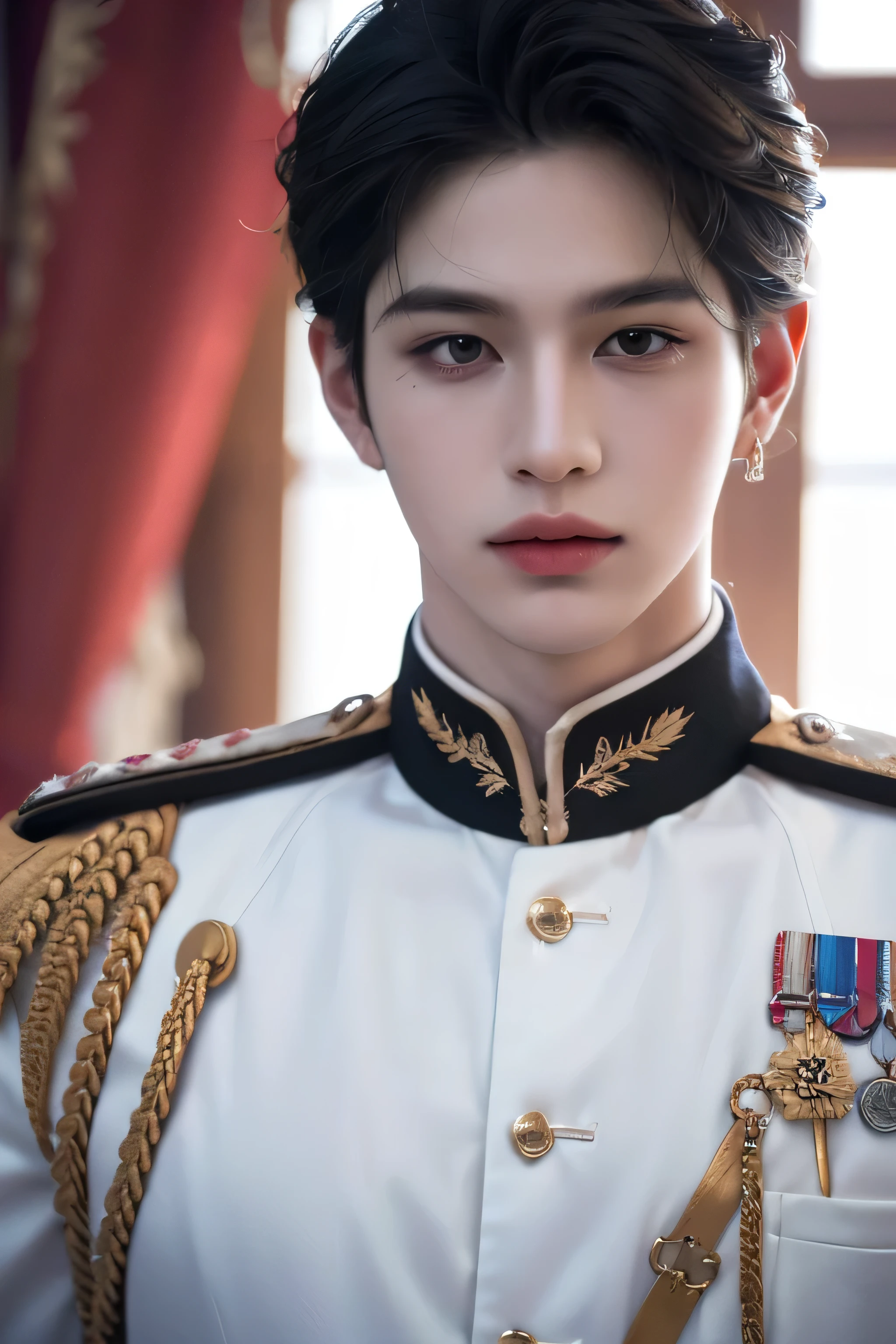 ((highest quality, 8K, masterpiece: 1.3)), ((photorealistic)), Handsome boy in k pop model outfit, ((25-year-old man)), well-groomed face, black hair color, thin face, (white skin:1.5), black eyes, Super handsome, sexy eyes, Extra-fine face, handsome nose, small eyes and face, High resolution, detailed mouth, super slim, ((super popular k pop model)), ((royal military prince)), His royal military black outfit is tailored to perfection and detailed with fine gold embroidery. he's standing in a fancy ballroom with one hand in the pocket. ((military)), ((black outfit))