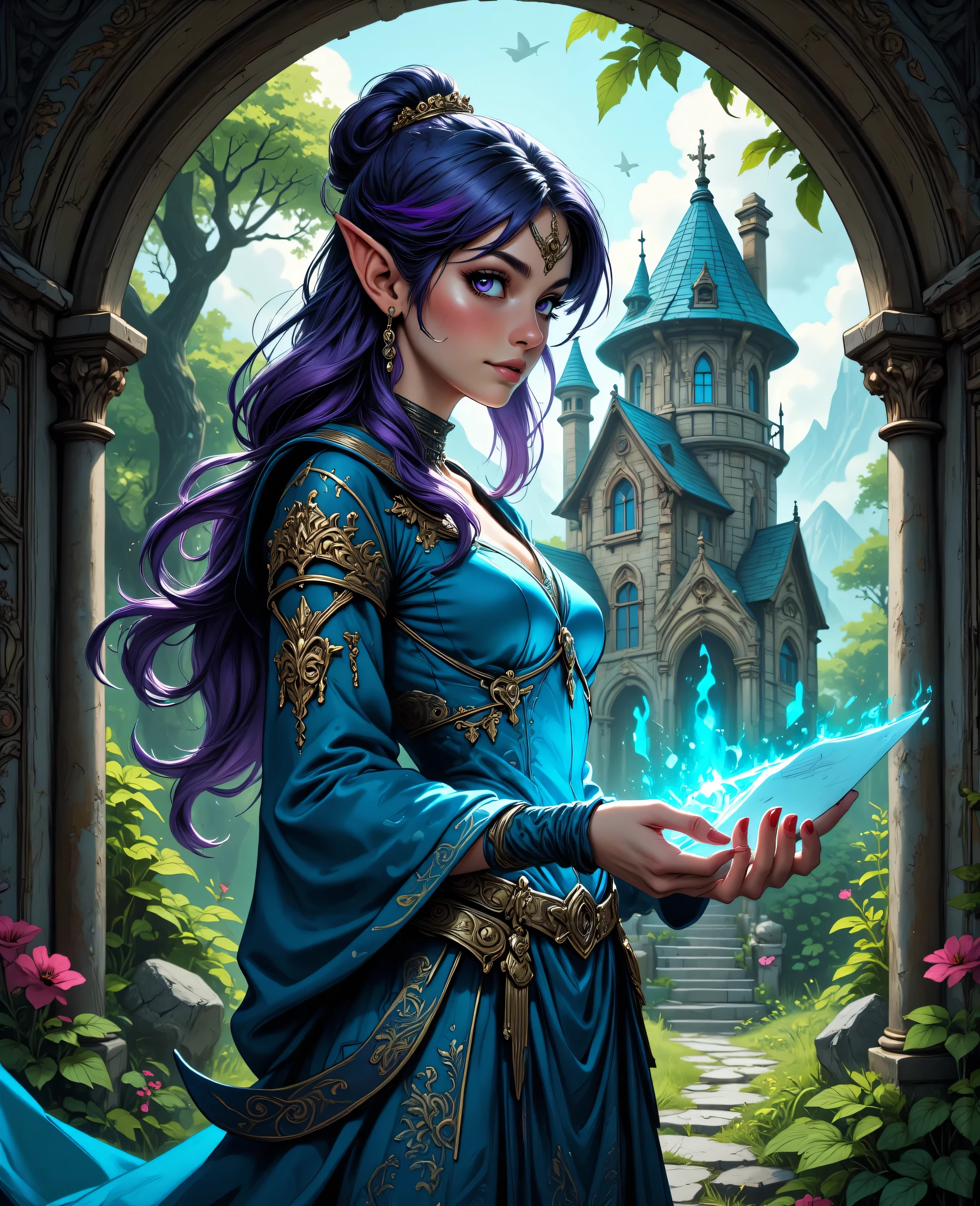 colorful portrait illustration, (attractive female as a wizard, ponytail, wearing_long_thight_blue_intricately_embroidered_wizard_robes), (necklace, pouches, belts, smiling, highly detailed face, masterpiece, best quality), <lora:epiNoiseoffset_v2:1>, highly detailed, (in a dungeon), mage_glam, (large glowing runed circles), fire and ice, casting a spell, ultra high resolution