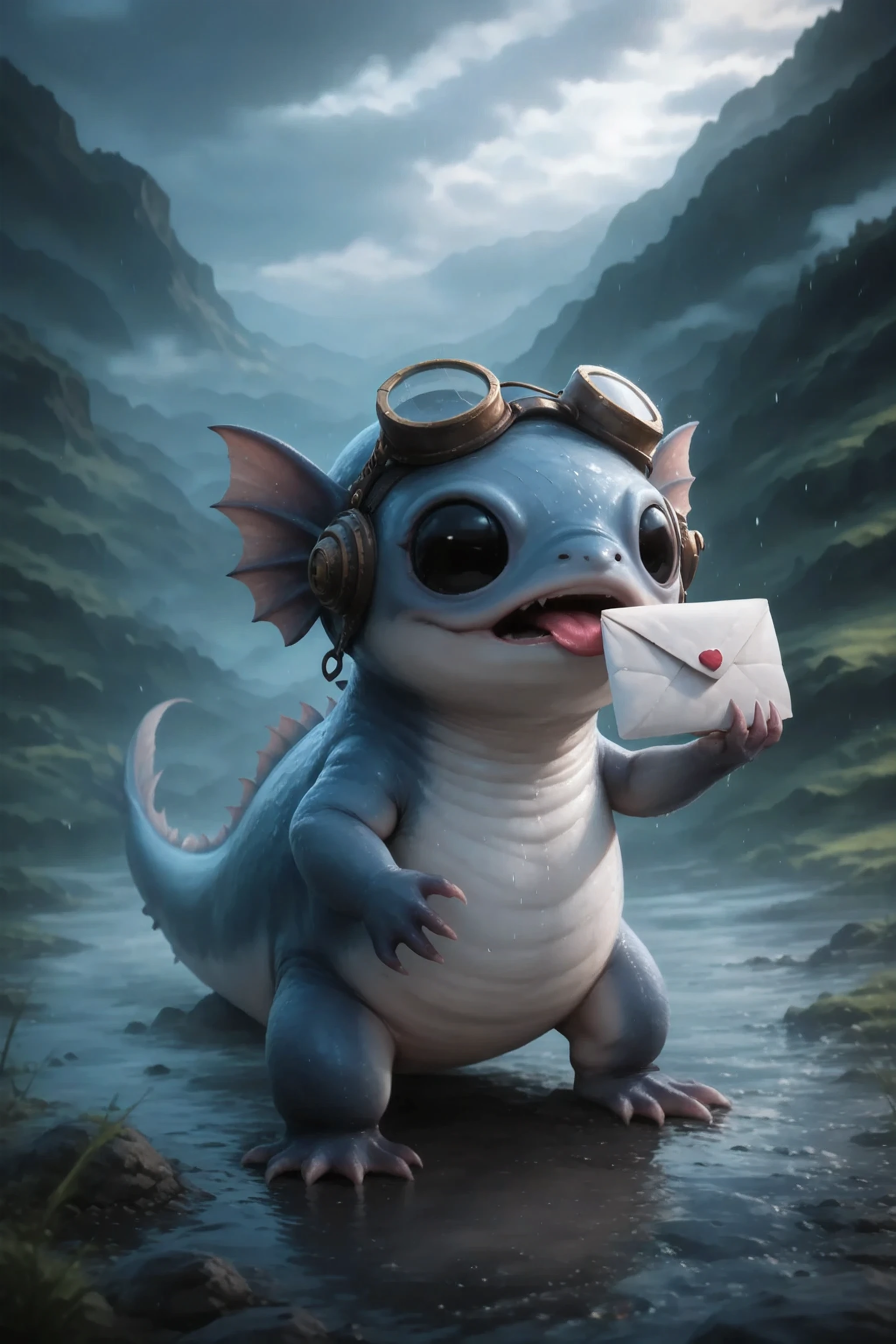 He swims in a stormy mountain stream with a letter in his mouth. Barely coping with the current. on my head you can see steampunk aviation glasses. It's raining heavily. , it's raining heavily and the sky is gloomy in the background. Character_Fuli, feels pain, It's hard for him , mouth slightly open. discontent and anger on the face.
masterpiece, best quality, ultra-detailed, A cinematic emotional static frame, 8K UHD, extreme detail, physical-based rendering, HDR.
Unrealistic image, fantasy genre, dramatic lighting. Highly detailed digital art style, (SFW:1.3).