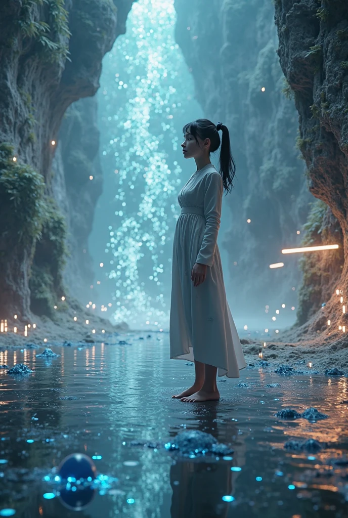 Best quality,masterpiece,16k,Artistic,In the curved tunnel,A tunnel surrounded by seawater,Futuristic,Fantasy Tunnel,Complex structure,1girl,Dynamic poses,Looking at the camera,Girl being chased by monster