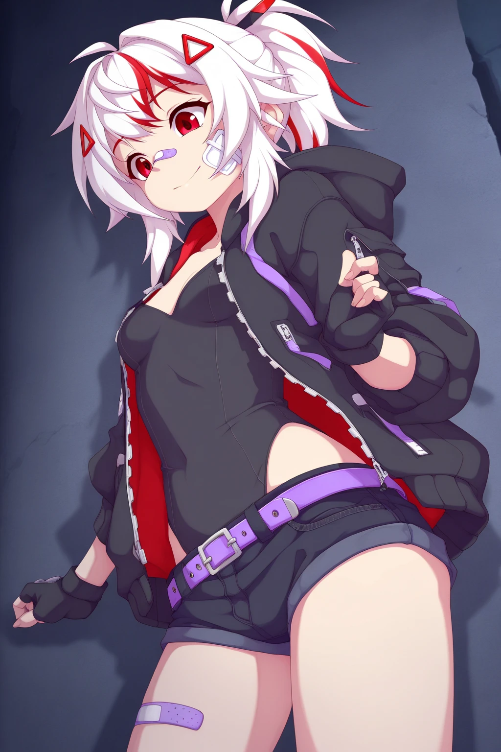 Short hair, girly, hooded head, different pupils, dark system, distant vision