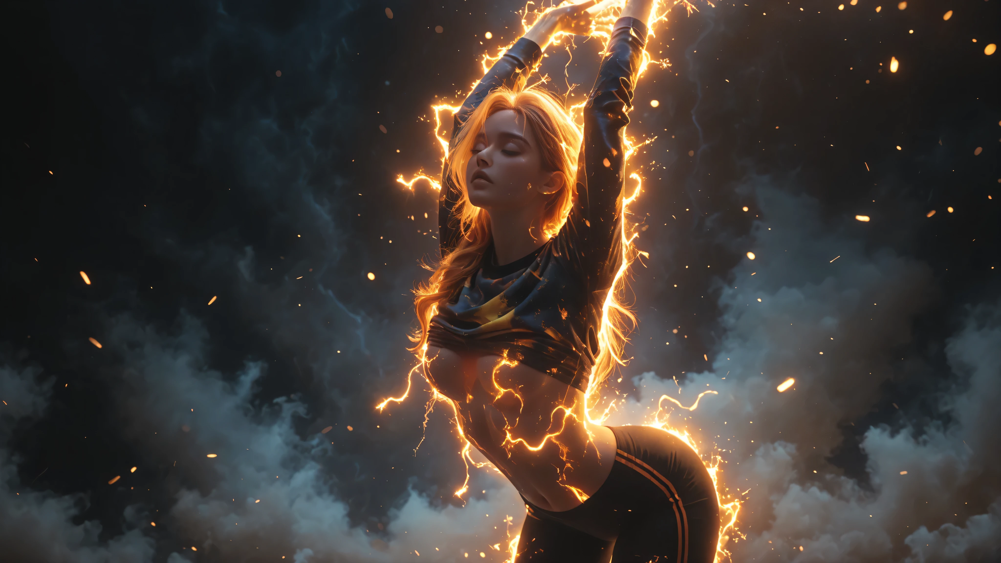 cammystretch, stretching, leaning forward, arms up,lifted_by_self,no_bra,woman,beauty,auralora,fire,sparks,colorful,electricity,glowing,