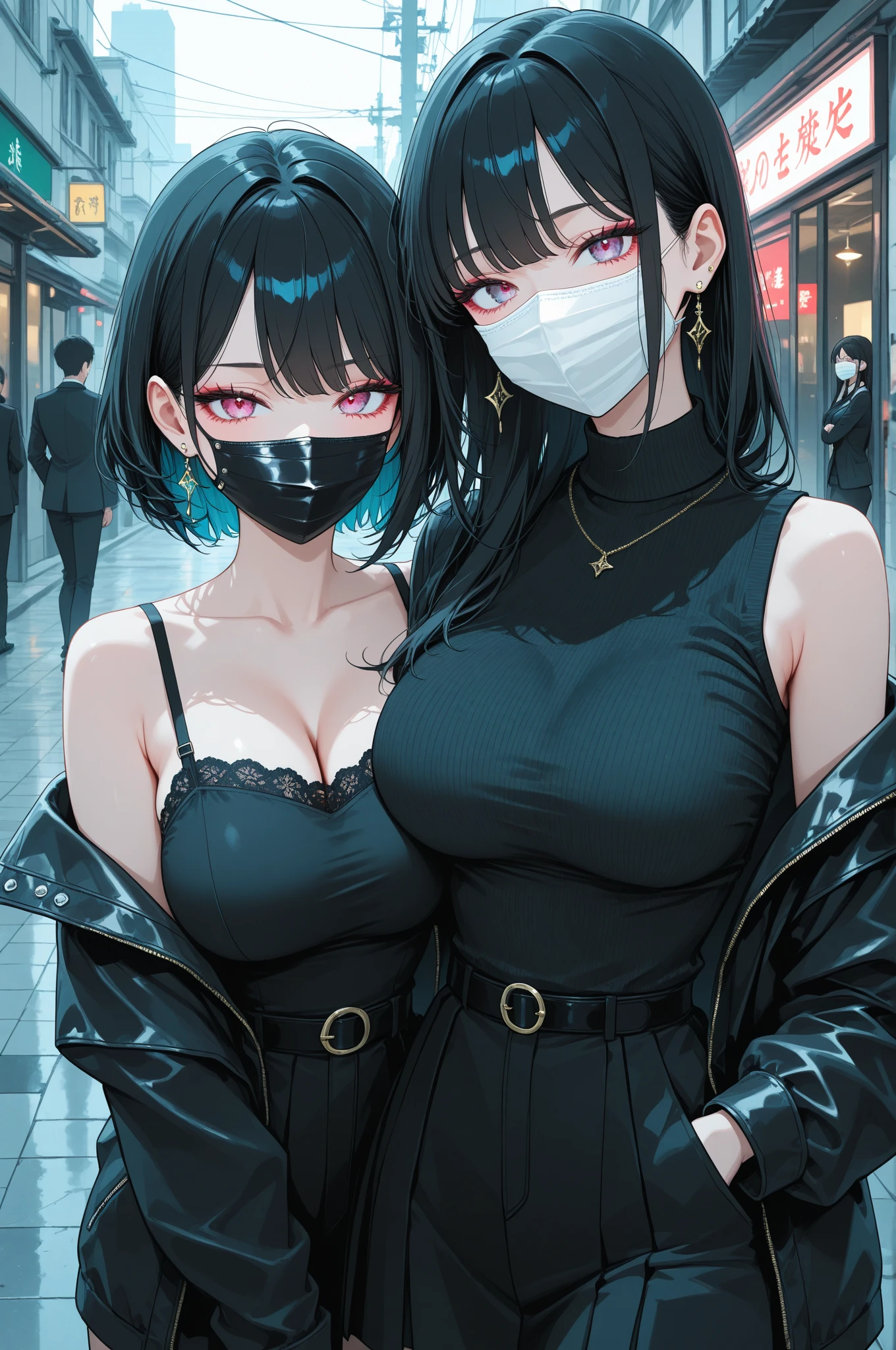 1lady standing, mature female, /(pencil dress/) /(black dress/) necklace, /(jacket on shoulder/), /(brown hair/) bangs, blush kind smile, (masterpiece best quality:1.2) delicate illustration ultra-detailed, large breast, arms down BREAK /(streets of Canada/), maple fallen leaves, detailed background, (two heads)