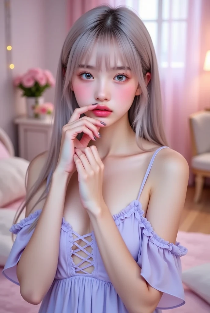 8K, highest quality, RAW photo,  ultra high resolution　cool beauty　beautiful butt　　huge breastsの谷間　thin eyebrows　on the bed　huge breasts　silver hair　silver blonde　gray hair　sexy　2 limbs　alone　Focus on the lower back　Sleep with your eyes closed, open your mouth and open your legs　Beautiful nose with flushed cheeks　Make the nose smaller　baby face　droopy eyes　glamorous mouth　Light purple off-shoulder knit dress　My clothes are see-through because I&#39;m soaked wet.　crawl on all fours
