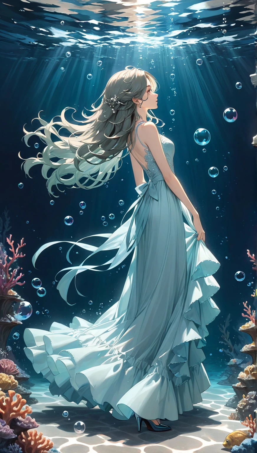 anime girl, black brown hair, emerald green eyes , long lashes, slim hourglass body, divine looking, wavy long hair, glitter and blue and white extravagant elegant suit, and silver hair accessories , pale skin with starlight, white and silver light and flowers in the background, slim waist, princess, white pearls on dress and hair, pearl hair accessories, pink full lips, coat, underwater, tarotcardanime girl, black brown hair, emerald green eyes , long lashes, slim hourglass body, divine looking, wavy long hair, glitter and blue and white extravagant elegant suit, and silver hair accessories , pale skin with starlight, white and silver light and flowers in the background, slim waist, princess, white pearls on dress and hair, pearl hair accessories, pink full lips, coat, underwater, bangs