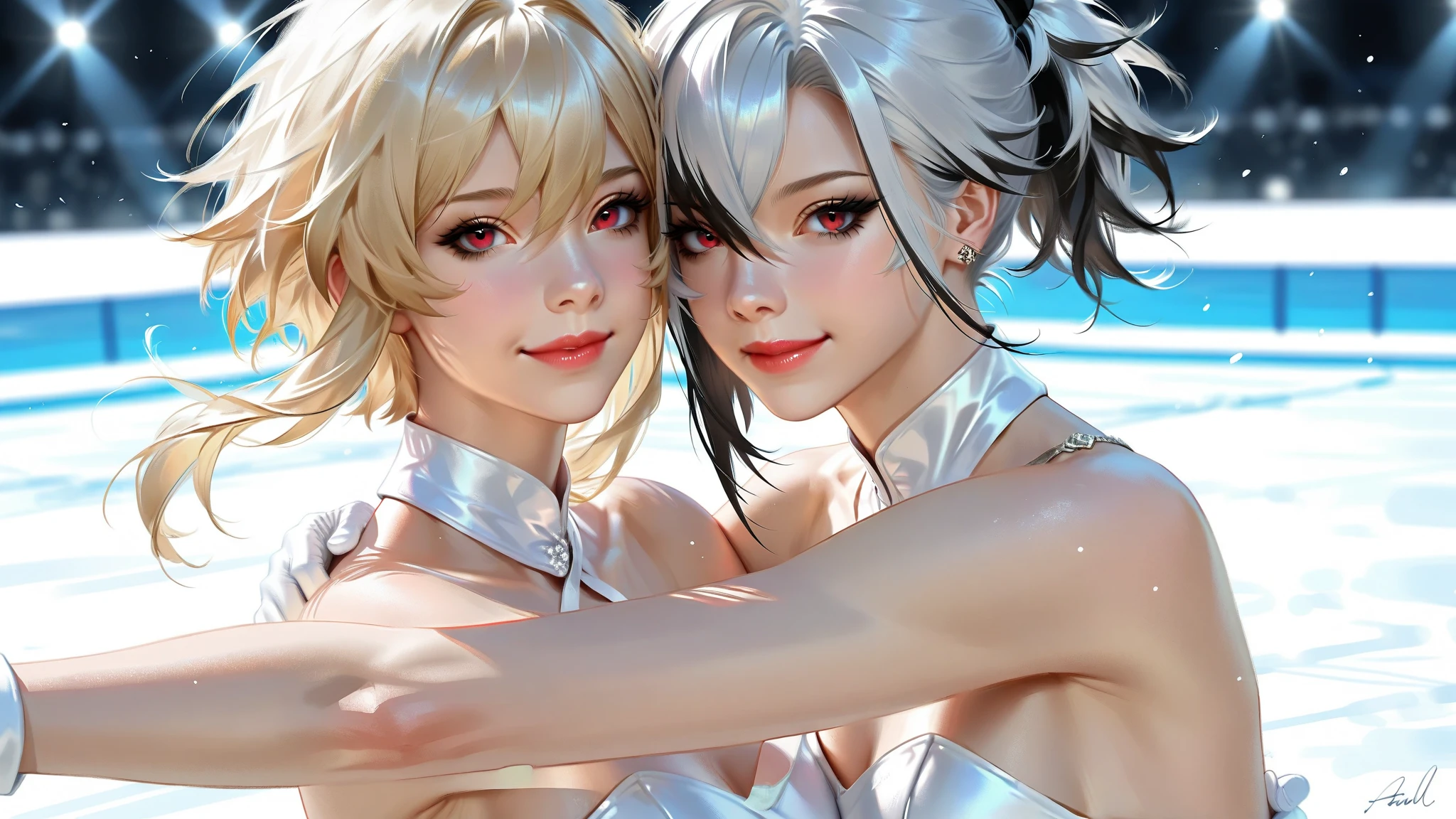 Highest quality、super high quality、16K, Breast size is random、Facial expressions are random、Location is random、 Hair color is silver hair、The pose is facing forward、The distance is random、Angle from below、Small face、Very delicate facial expressions、Delicate eye depiction、Highly detailed hair、Erotic、18-year-old female、Glowing Skin、Soft Skin、The only sexy Japanese woman、Race queen outfit random、Three female models、