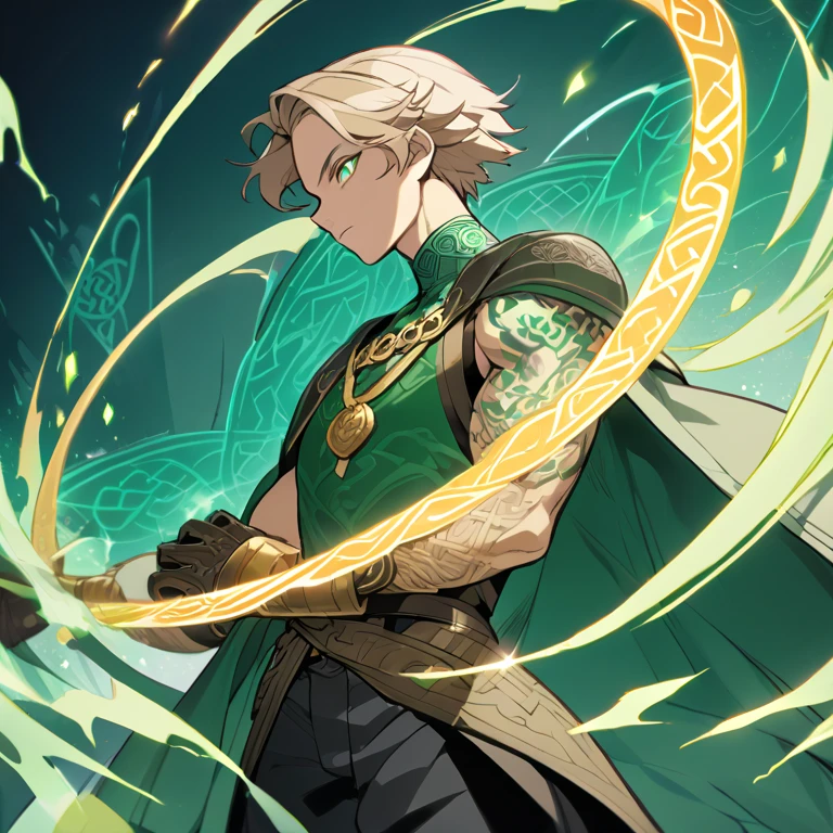 masterpiece, best quality, 8k, 1male, fantasy , anime, illustration, fullbody , ((man:1.6), (short hair: 1.1), strong, (male focus:1.1) ,elf , archer armor, bard, detailed blonde hair, half closed mint eyes, pointy ears, holy smile, holy light, handsome, green capelet, white robe, (muscular:0.33), highres, detail face, soft lights, Final Fantasy, white background ,
