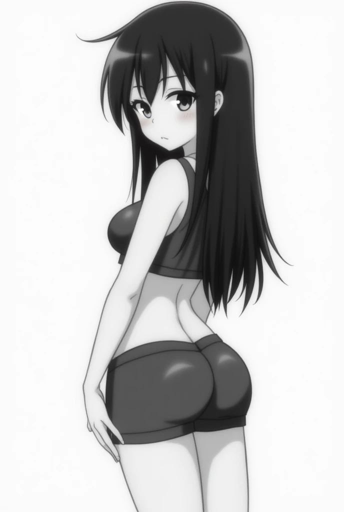 Dibujo en blanco y negro de una sexy pinup de cuerpo entero apoyada contra una pared., una puerta al lado de su pared de ladrillos y pintura desconchada