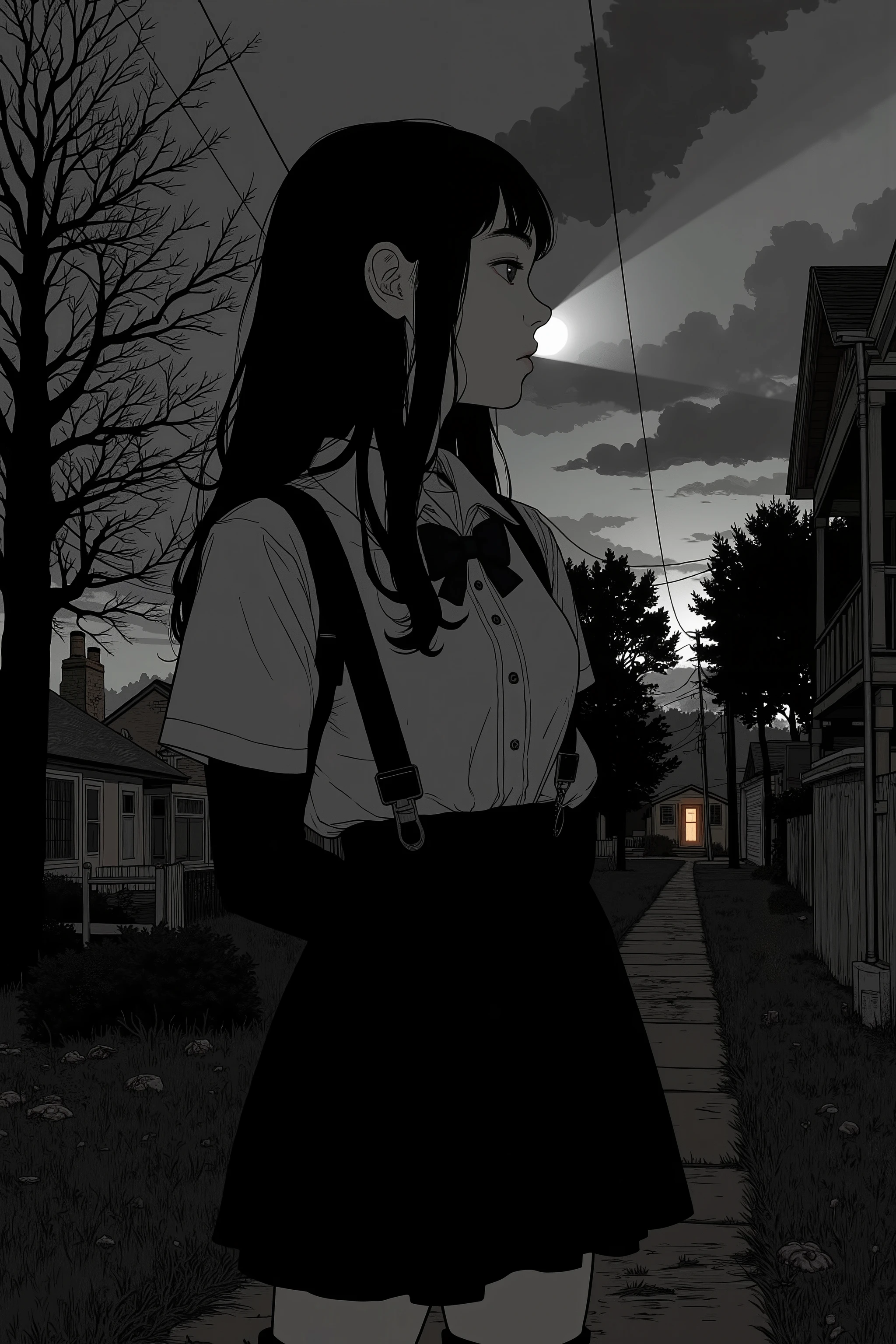 silhouette of a Japanese high school girl in a black and white photo, Pet Sematary, SVG vector art, 1024x1024,Illuminate the dark with a flashlight、 vector SVG art , SVG illustration , SVG art , black and white vector art