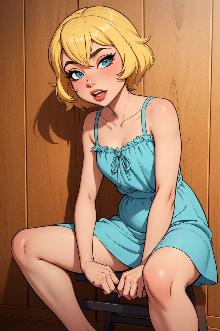 blonde hair , 18 years old, sexy, showing off curves sexy, gorgeous, caucasian, haley stardew , smiling, cute, lifting up tiny blue dress