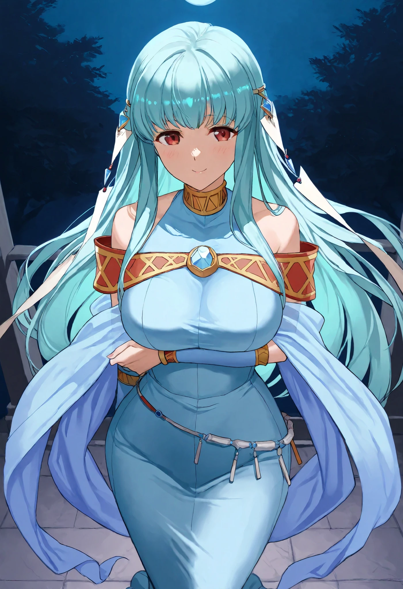 <lora:Olivia Servant:1> Olivia Servant, 1girl, breasts, solo, long hair, cleavage, cloud, sky, blue hair, large breasts, blue eyes, armlet, dress, chain, upper body, bare shoulders, Hour Glass Figure, shrine, looking at viewer, smile ((masterpiece)), ((Best Quality)), ((Extremely Detailed)), ((Ultra Quality)), ((8k))
