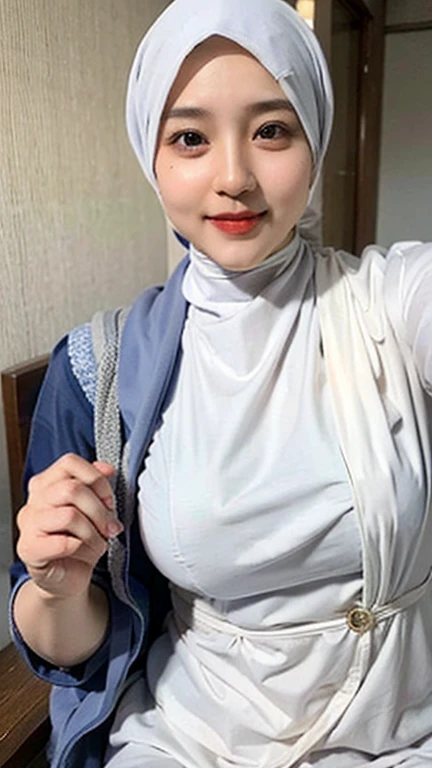 adorable, 1 girl, 10 years old, baby face, shy, full body portrait, (face details: 1), (eye details: 1), ((medium breasts)). wearing white long shirt, long skirt, modern hijab colorful, (large breasts)... Cute posed. proportional body. Ultra High Res. realistic: 1.4, UHD