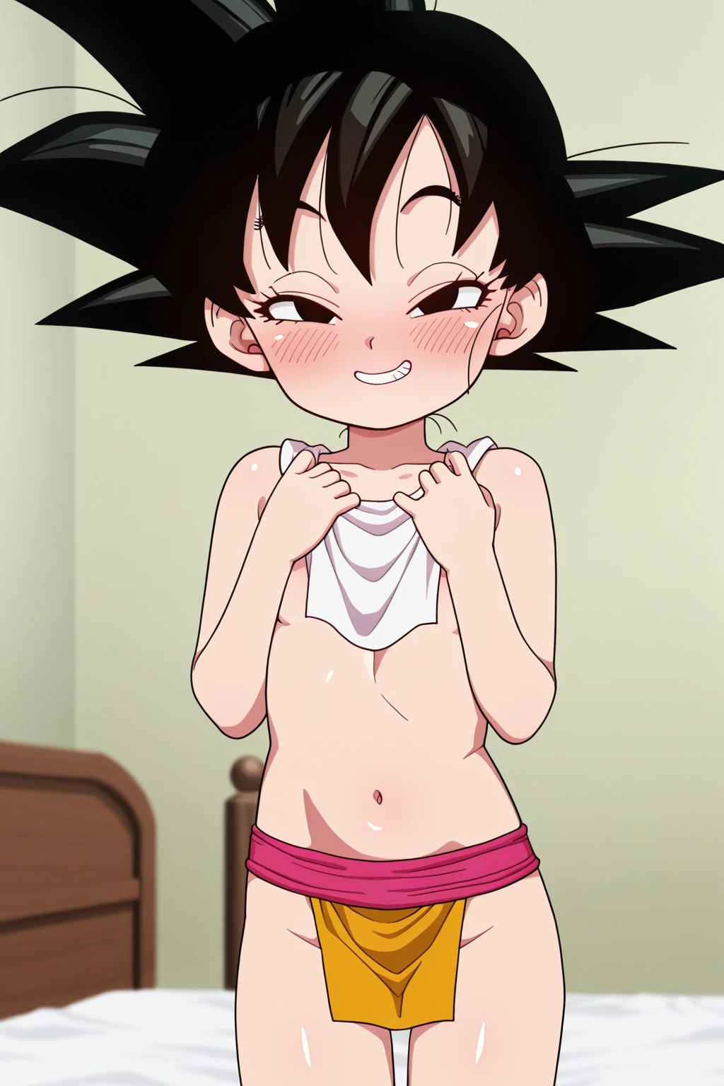 (masterpiece, best quality:1.2), solo, 1girl,goh \(pokemon\), dark skin, dark-skinned female, hair ornament,(completely nude:1.2),(loli kid),bed room,lying,(pregnant:0.8),spread legs,(vaginal sex:1.3),happy,grin,tear,closed eyes,