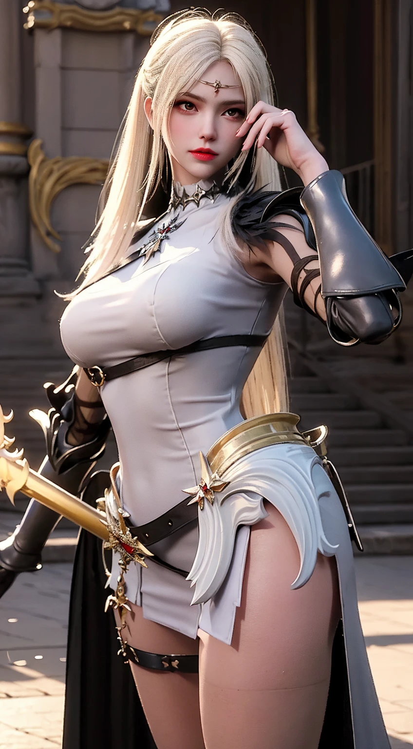 woman in her 20s、1 person、Angelic、There are large white wings on the back、Has 6 wings、Swan wings、With a round face、round chin、Close-up of a woman in armor holding a sword, Armor girl, female knight, big and full breasts、full armor, full armor, gorgeous female paladin, female knight, of a Beautiful female knight, Beautiful armor, Plump、thick waist、wide waist、full armor, armor、Gorgeous full-body armor, Amazing armor, Trending on Art Station Pixiv, Beautiful female knight、has a large sword、Great Sword of Steel、happy look、looking here、Look at me、Lakeside、white military flags lined up, There is a large army behind us far away.、With forest and mountains in the background、black string、Black pattern,kurapika, bob hair, blonde hair, (long tits:1.1), (huge tits:1.1), (saggy tits:1.2), (BIG ASS:1.2)