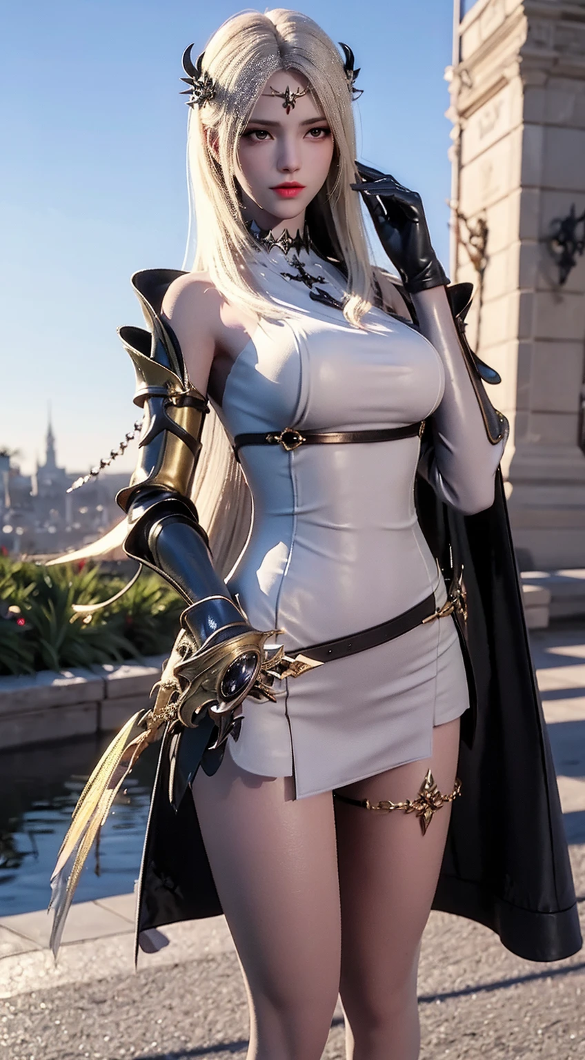 ((Show full body from head to toe, Standing perfectly, standing pose, Body facing to the viewer (Show front body, show center body)). Balance focused camera view, Centered camera view, middle camera view, vertical scape camera. Masterpiece, illustration:1.1, best quality, fine detail, perfect detail, 8K, Ultra HD, Ultra-clear portrait, big resolution, perfect lighting, bright lighting, perfect shadow, top quality, sharp focus. Fantasy, magic, medieval. A Beautiful woman wearing dress with skirt, stockings, show heels. Big breast:1.5, round breast, tall body, fit body, Leg length, slender body, pale skin, bright skin, glowing skin, glowing face, bright face. blush cheeks, glossy lips, small lips. Smirking, smiling, looking at the camera. The background is outside a castle. clear sky, sunlight, daylight.