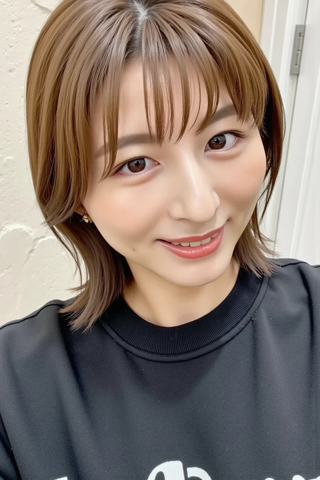 ((Best Quality, 8K, masutepiece, Portrait: 1.3)), (From below, Look down, Looking at the viewer), (Cowboy Shot:1), Photorealistic, Sharp Focus, 1 Beautiful Japan Mature Woman, ((Lying down, Arms forward, Open mouth:0.9, Joy:0.5)), ((Sweaty body:1)), Cloth with cleavage view, 49 year old person, Wavy Hair, Wrinkles at the corners of the eyes, emphasized, ((Big breasts:1.3))),Erotic, (((Tunic sweater))),skirt by the, Wet bathroom floor,