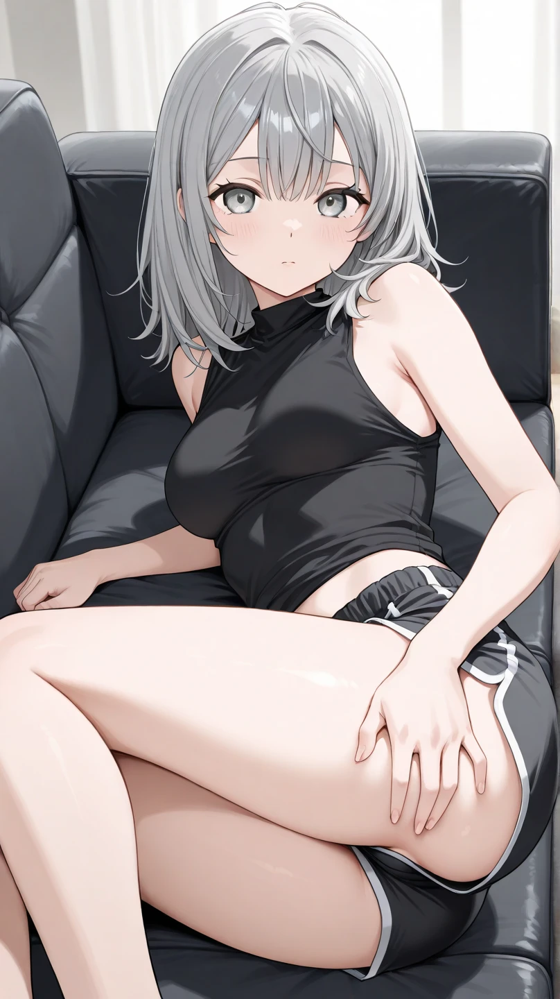 {{{10 years old}}}, fang, 1girl, silver hair, asymmetrical bangs, short hair, closed eyes,  {{{flat chest}}}, only wearing underboob white camisole, no bra, bottomless, {{{clothes lift}}}, bare pussy, lying on sofa, (bare nipples), bra aside, (no panties), {{{vulgarity}}}, skyporn, Nipple Tweaking,  puffy nipples, nipples througvulgarityh, (spoken heart), ((best quality)),spread legs, spread vaginal, facepalm, sexual fluid, pussy juice, sweat