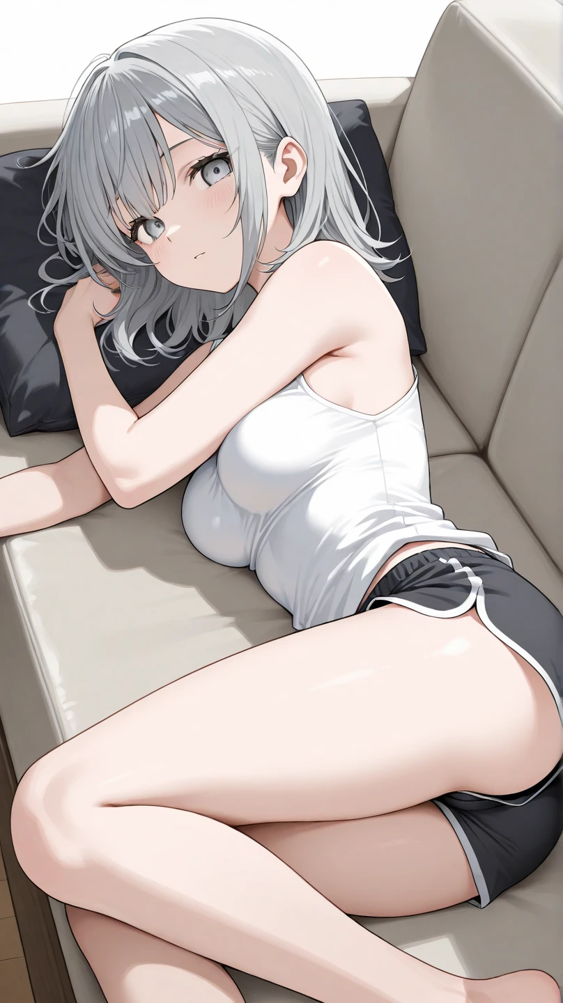 Best quality，one-girl，Lie down in bed，grey long hair，spread their legs，A white bikini，Get wet，soaked pubic hair，embarressed，Very shy，dreads，Be red in the face，seductiv