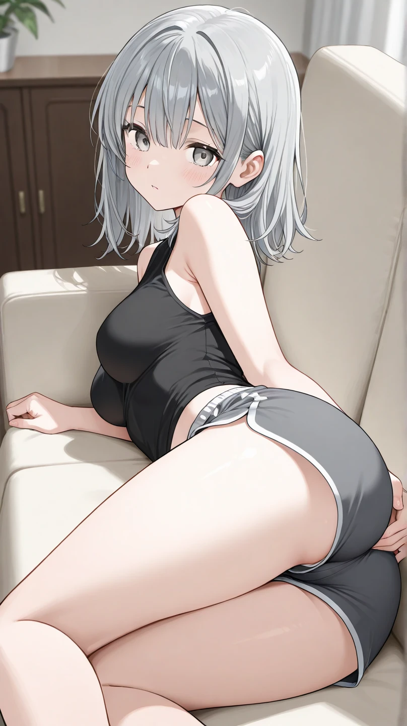 ass pov,beautiful girl,Anime Face,high school girl,Gray Hair,ponytail,embarrassed,dark blue socks,steam,(low quality,worst quality:1.4),extra limbs,missing limb,extra digit,fewer digit,missing digit,missing finger,fused fingers,mutated hands and fingers,Large soles,1girl,on back.Open legs wide,sweat,eyepatch bikini