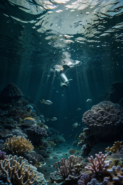 (best quality,4k,8k,highres,masterpiece:1.2),ultra-detailed,(realistic,photorealistic,photo-realistic:1.37),beautiful coral reef in a deep-sea environment,dark and high-pressure marine life,underwater ecosystem, vibrant and diverse sea creatures, colorful and exotic fish, luminous and bioluminescent organisms, graceful and swaying sea plants, shimmering and translucent jellyfish, vibrant and intricate coral formations, deep and mysterious ocean depths, surreal and dreamlike underwater world, ethereal and enchanting atmosphere, soft and diffused underwater lighting, serene and peaceful underwater scene, deep blue and turquoise color palette, mesmerizing and captivating underwater landscape, tranquil and otherworldly underwater realm