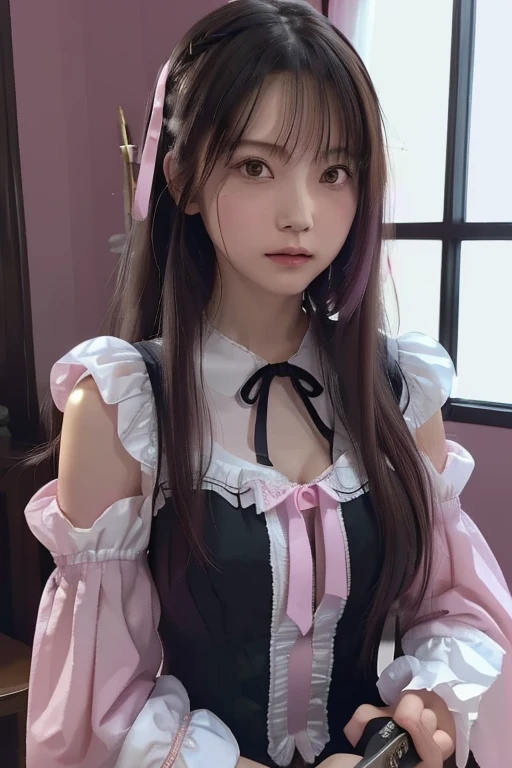 ​masterpiece、top-quality、8K、(Photorealsitic: 1.4)、ultra-detailliert、hight resolution、finely detail、solo、The upper part of the body、(real looking skin:1.2)、a beauty girl、sixteen years old、Perfect figure、medium  , , extremely detailed eye and face、Super dense and beautiful eyes、High-quality and realistic finger reproduction:1.3、A smile:1.3、(pink long sleeve ruffle blouse、a black ribbon)、(Black ruffled skirt)、White wall background